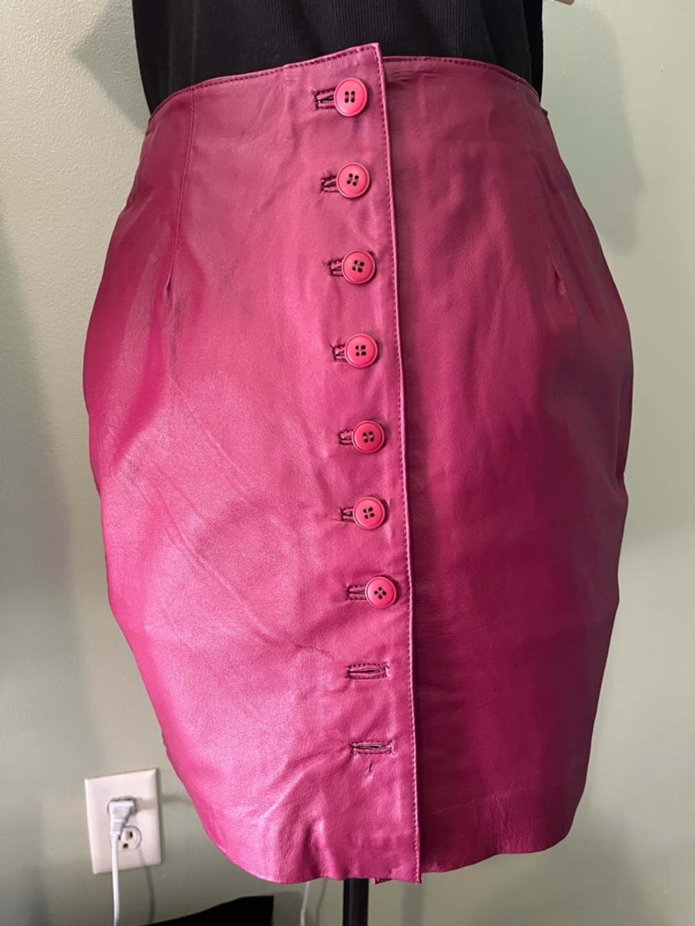 Vintage Newport News Magenta Button-Front Leather Mini Skirt